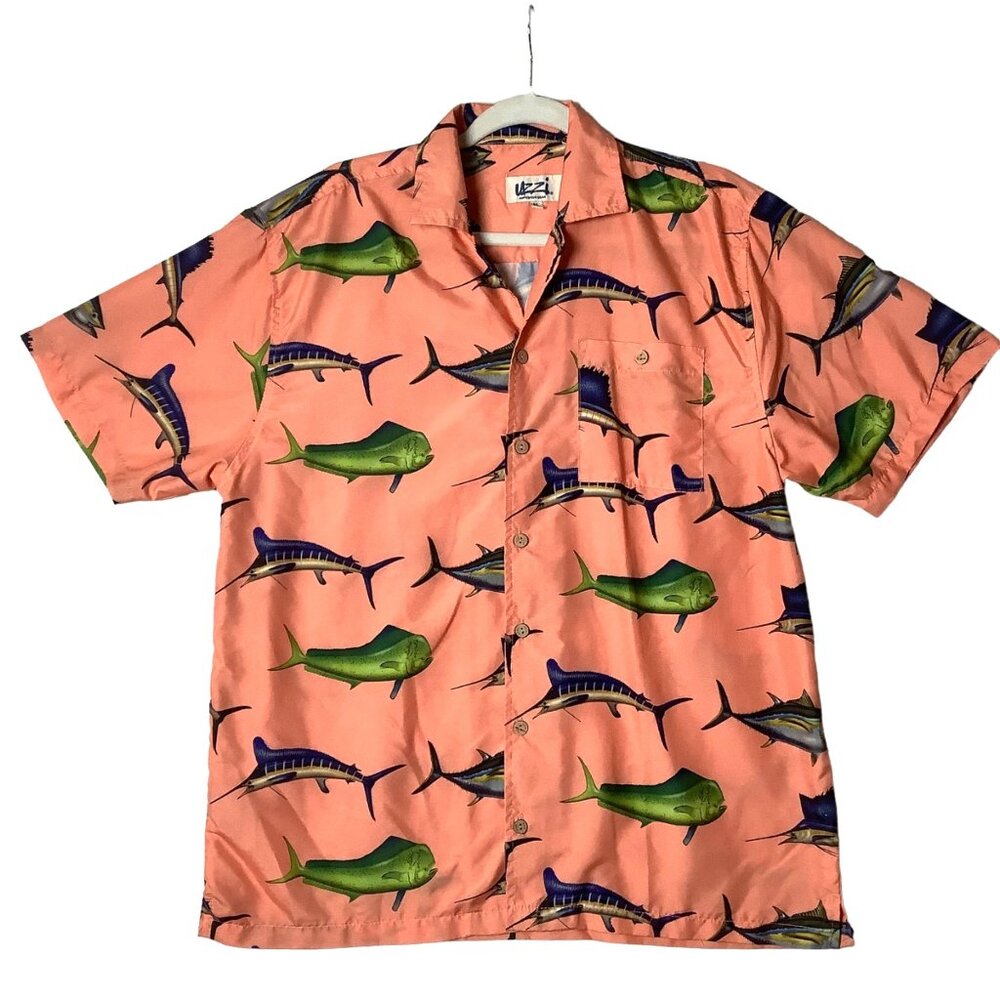 UZZI‎ Amphibious Outfitters Ocean Fish Button Up Shirt Men Medium Hawaiian Beach